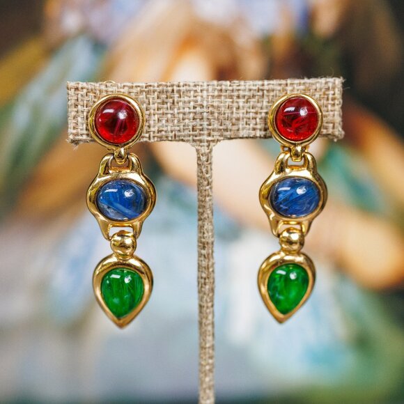 Vintage Poured Glass Cabochons Clip-on Earrings - Picture 1 of 3